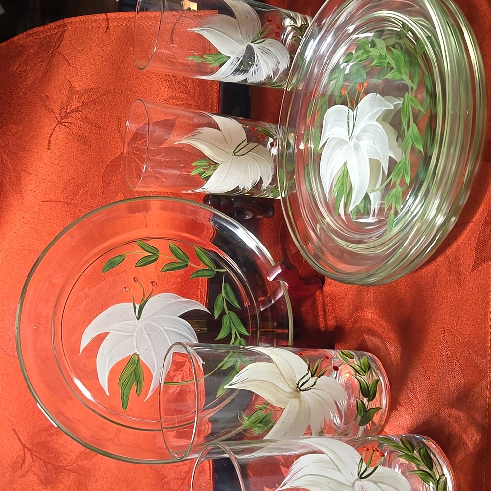 Vintage Handpainted Floral Glassware Set with White and Green Design